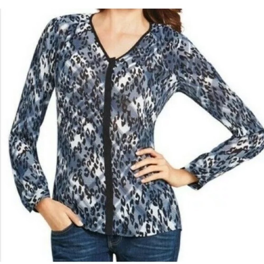 Cabi 977 Fatale Blouse 977 Animal Print Plaid Flowy Xs Hidden Button Front Blue